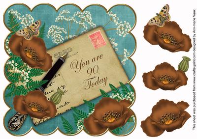 Chocolate Teal Poppy 90 Today 8in Scallop Decoupage Topper