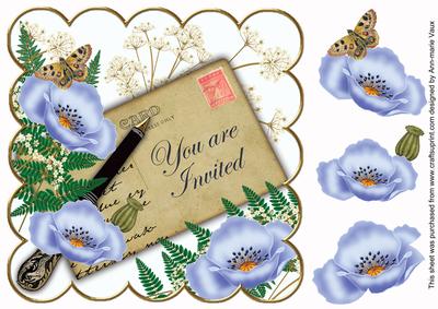 Pale Blue Poppy Are Invited Ink Saver 8in Decoupage Topper