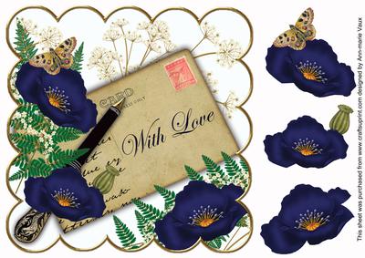 Dark Blue Poppy with Love Ink Saver 8in Decoupage Topper
