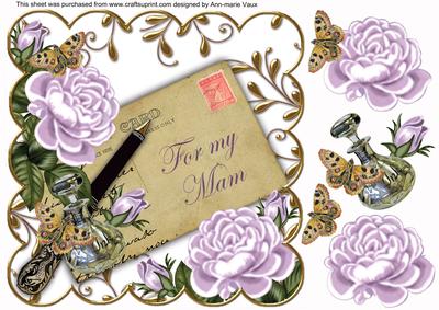 Lilac Roses for My Mam White Ink Saver 8in Decoupage Topper