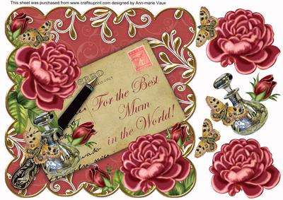 Dpink Roses Red Best Mum in the World 8in Decoupage Topper