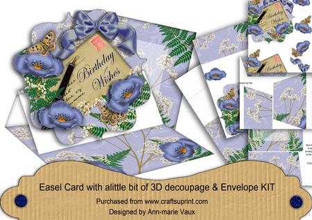 Mid Blue Poppy Birthday Wishes Easel Card Envelope Kit