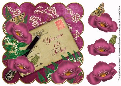 Cerise Poppy 16 Today 8in Decoupage Topper