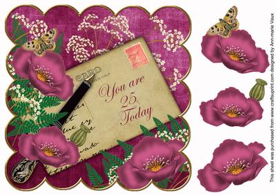Cerise Poppy 25 Today 8in Scallop Decoupage Topper