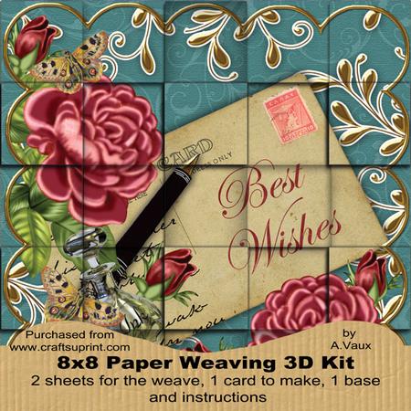 Deep Pink Roses Teal Best Wishes 8in Paper Weaving Card Kit