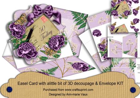 Purple Roses 50 Today Birthday Easel Card & Envelope Kit