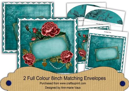 Deep Pink Teal Roses Ornate 8in Envelope Kit