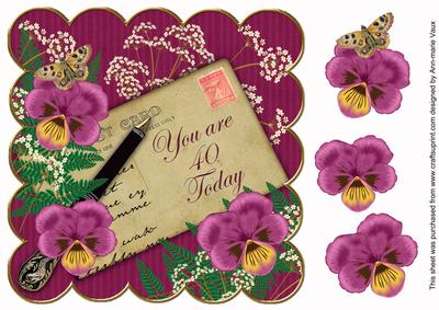 Cerise Pink Pansy 40 Today 8in Scallop Decoupage Topper