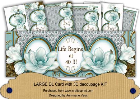 Teal Magnolia Life Begins at 40! Large Dl Decoupage Card Kit