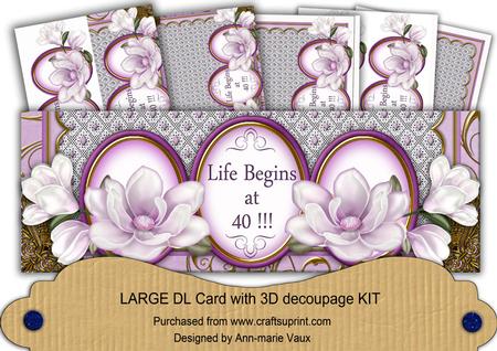 Lilac Magnolia Life Begins at 40 Large Dl Decoupage Card Kit