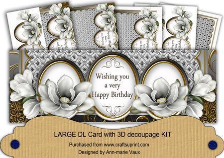 Silver Magnolia Happy Birthday Large Dl Decoupage Card Kit