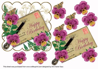 Cerise Pansy Ink Saver Happy Birthday 6in Decoupage Topper