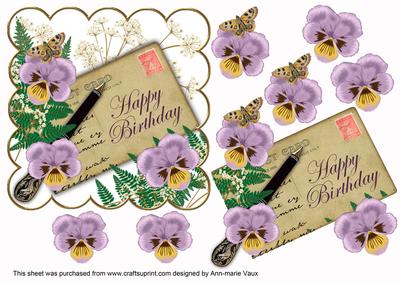 Lilac Pansy Ink Saver Happy Birthday 6in Decoupage Topper