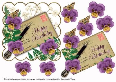 Purple Pansy Ink Saver Happy Birthday 6in Decoupage Topper