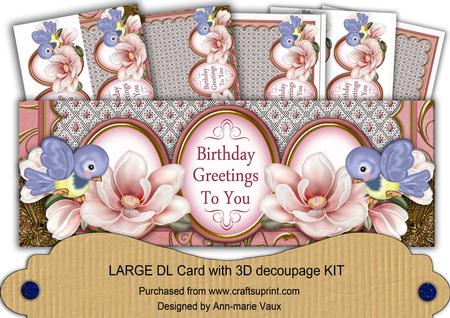Pink Magnolia Birthday Greetings Large Dl Decoupage Card Kit