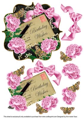 Pink Rose Black Birthday Wishes 6in Bracket Topper