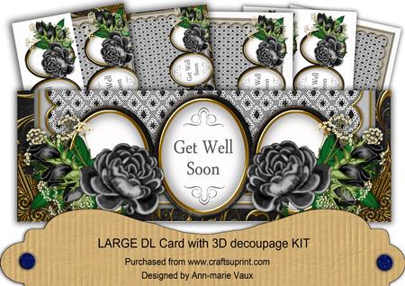 Black Rose Get Well Soon Large Dl Decoupage Card Kit