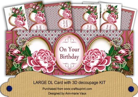 Cerise Rose on Your Birthday Large Dl Decoupage Card Kit