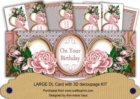 Pink Rose on Your Birthday Large Dl Decoupage Card Kit