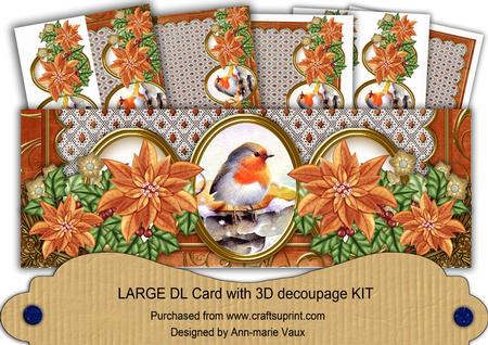 Burnt Orange Poinsettia Robin1 Large Dl Decoupage Card Kit