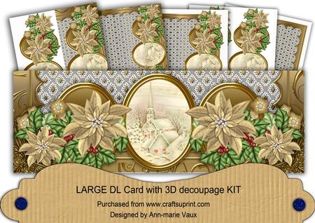 Gold Poinsettia Cream Village Large Dl Decoupage Card Kit