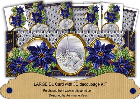 Dblue Poinsettia Blue Village Large Dl Decoupage Card Kit