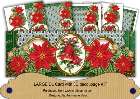 Red Poinsettia g Christmas Bells Large Dl Decoupage Card Kit