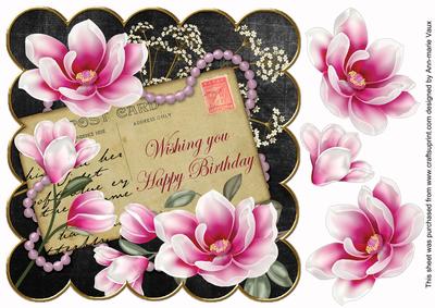 Cerise Blk Magnolia Happy Birthday 8in Decoupage Topper