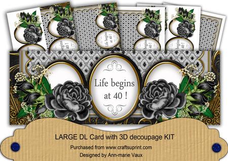 Black Rose Life Begins at 40! Large Dl Decoupage Card Kit