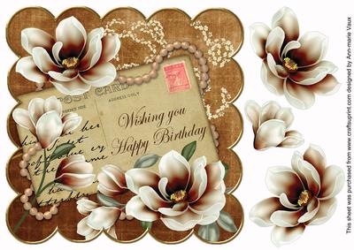 Chocolate Magnolia Happy Birthday 8in Decoupage Topper