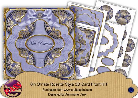 Blue Gold Damask New Parents 3D Rosette 8in Card Kit