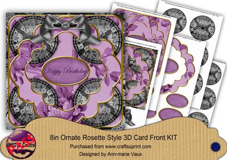 Black Purple Damask Happy Birthday 3D Rosette 8in Card Kit
