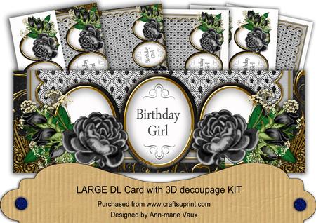 Black Rose Birthday Girl Large Dl Decoupage Card Kit