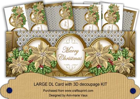 Gold Poinsettia Merry Christmas Large Dl Decoupage Card Kit