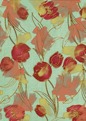 Mid Green Red Painted Tulips A4 Backing Paper