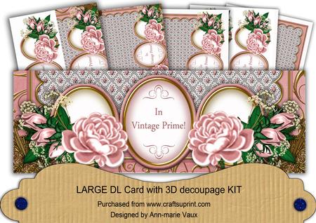 Pink Rose in Vintage Prime! Large Dl Decoupage Card Kit
