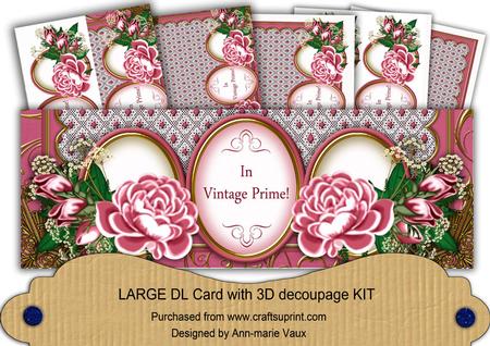 Cerise Rose in Vintage Prime! Large Dl Decoupage Card Kit