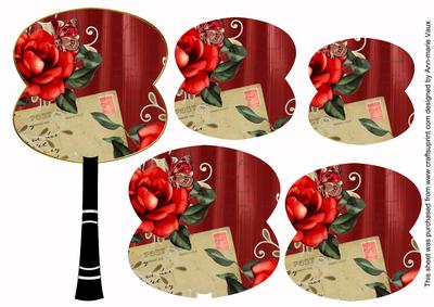 Dark Red Rose Swirl Fan Decoupage Topper Sheet