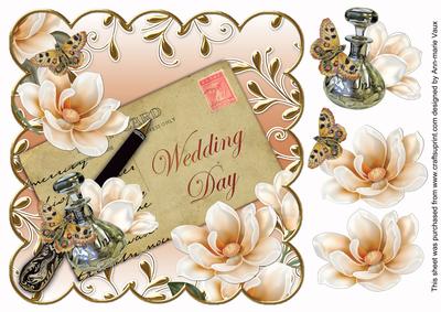 Peach Metallic Magnolia Wedding Day 8in Decoupage Topper