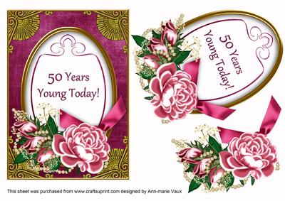 Cerise Rose 50 Years Young! Oval 7x5in Step by Step
