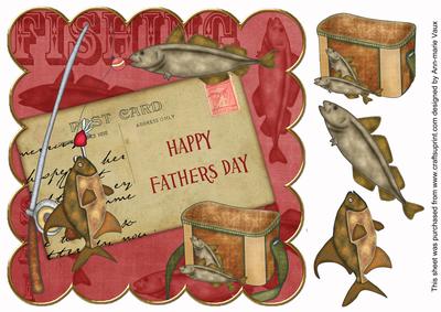 Red Happy Fathers Day Fishing 8in Decoupage Topper