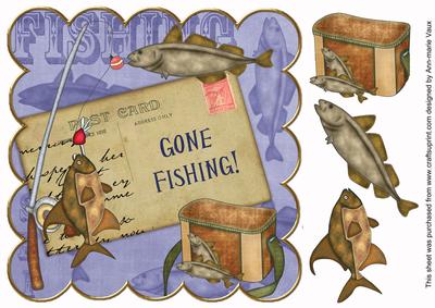 Blue Gone Fishing 8in Decoupage Topper