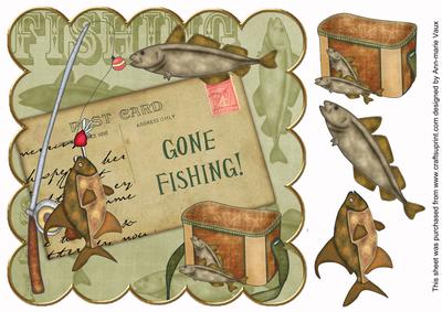 Olive Gone Fishing 8in Decoupage Topper