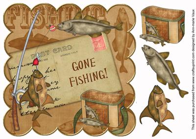 Vintage Tea Gone Fishing 8in Decoupage Topper
