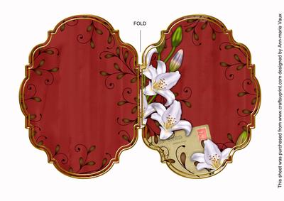 White Lily Swirls Dark Red 7x5in Fancy Bracket Folded Card