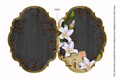 White Lily Swirls Black 7x5in Fancy Bracket Folded Card