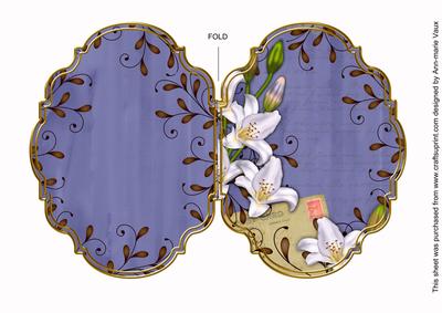 White Lily Swirls Blue 7x5in Fancy Bracket Folded Card