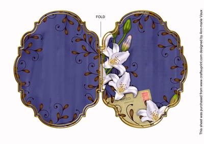 White Lily Swirls Dark Blue 7x5in Fancy Bracket Folded Card