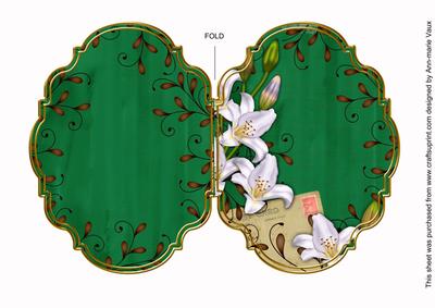 White Lily Swirls Dark Green 7x5in Fancy Bracket Folded Card