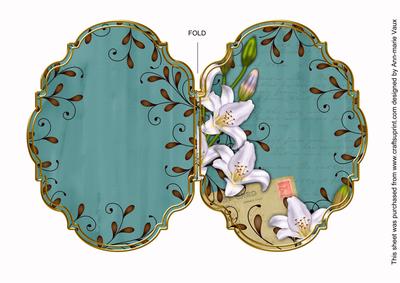 White Lily Swirls Dusky Teal 7x5in Fancy Bracket Folded Card
